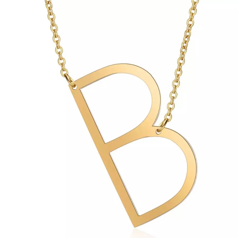 B LETTER INITIAL SLANT CHAIN PENDANT NECKLACE GOLD